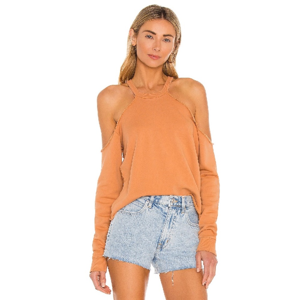 Lovers + Friends Tan CROPPED CREWNECK WITH COLD SHOULDER